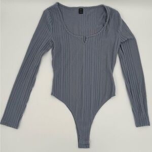 Gray/Blue Ribbed Long Sleeve Bodysuit